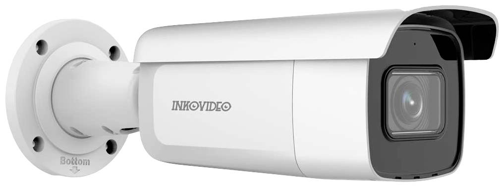 A white surveillance camera with a black front and protective shield, suitable for wall mounting. Marked with 'INKOVIDEO'.