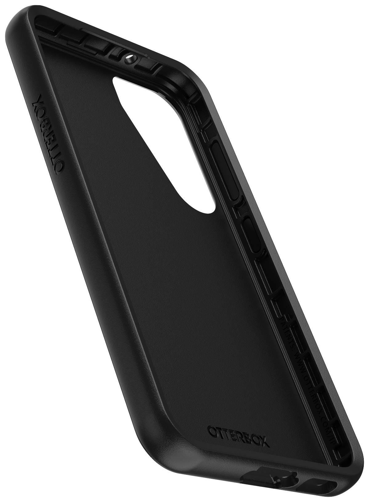 Black, robust phone case with cutouts for camera and ports, provides protection and shock resistance for a smartphone.