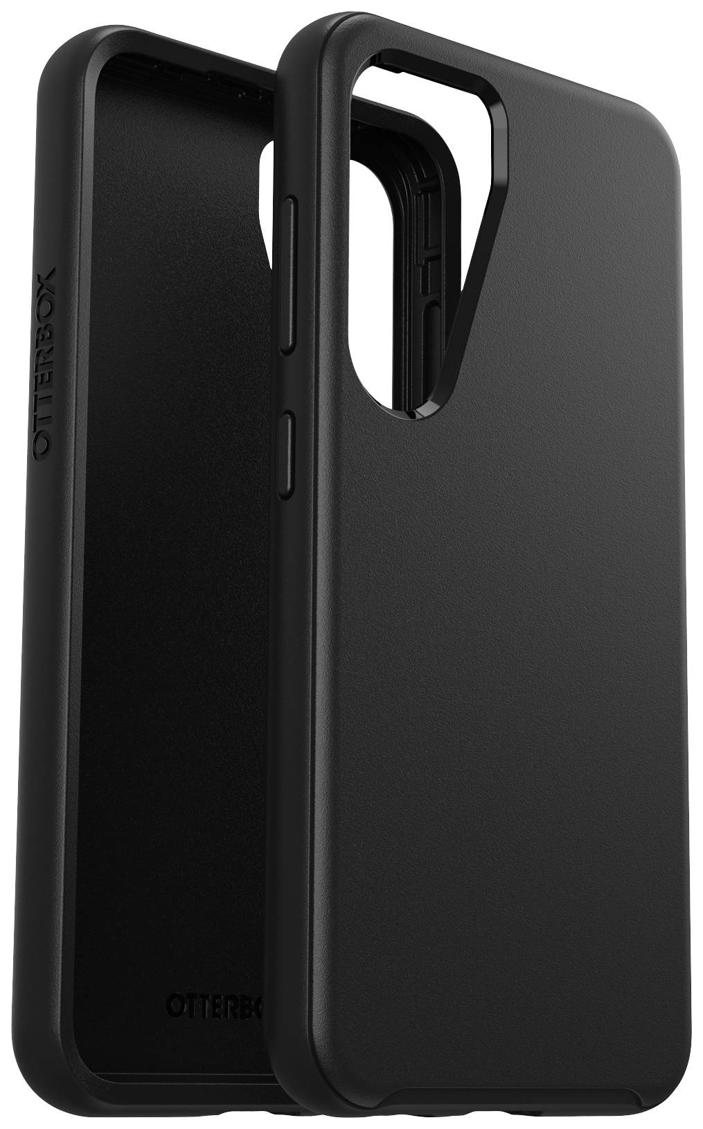Black phone case with functional design, sturdy and simple, provides protection for smartphones, brand name embossed on the side.