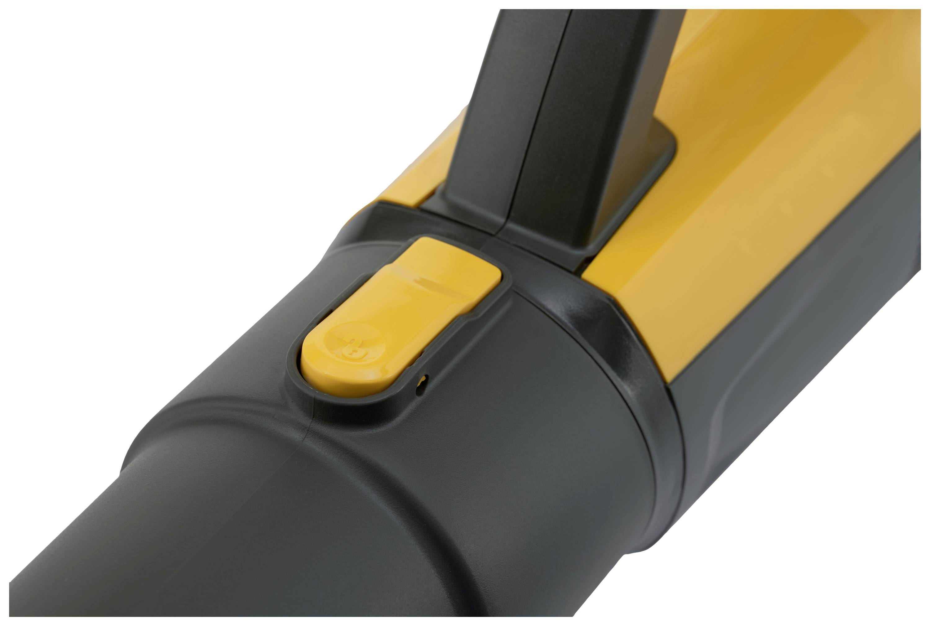 Close-up of a yellow and black portable vacuum cleaner with a yellow switch. The focus is on the switch.