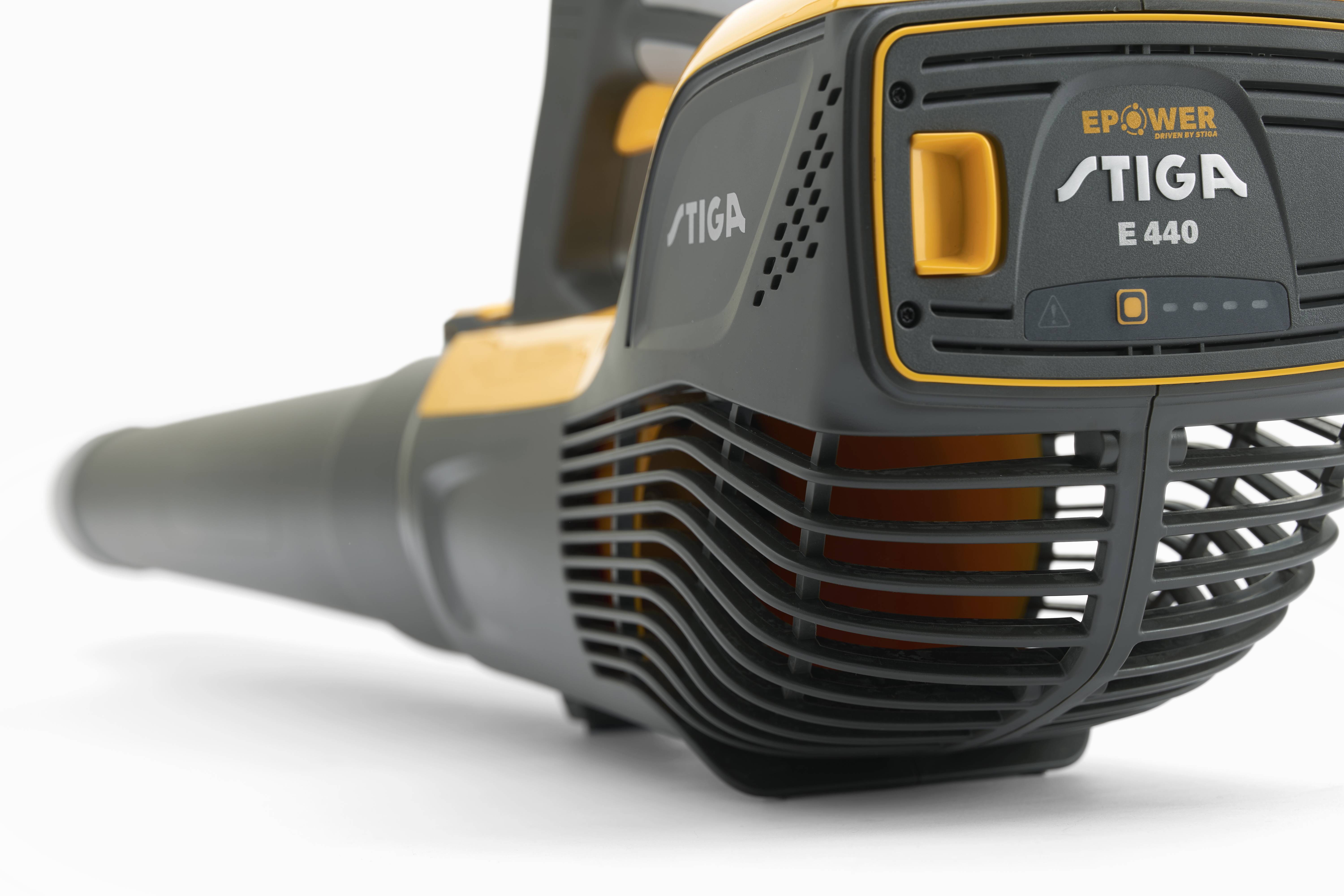 Stiga E 440 leaf blower in close-up, showing the brand logo and design details, suitable for garden work.