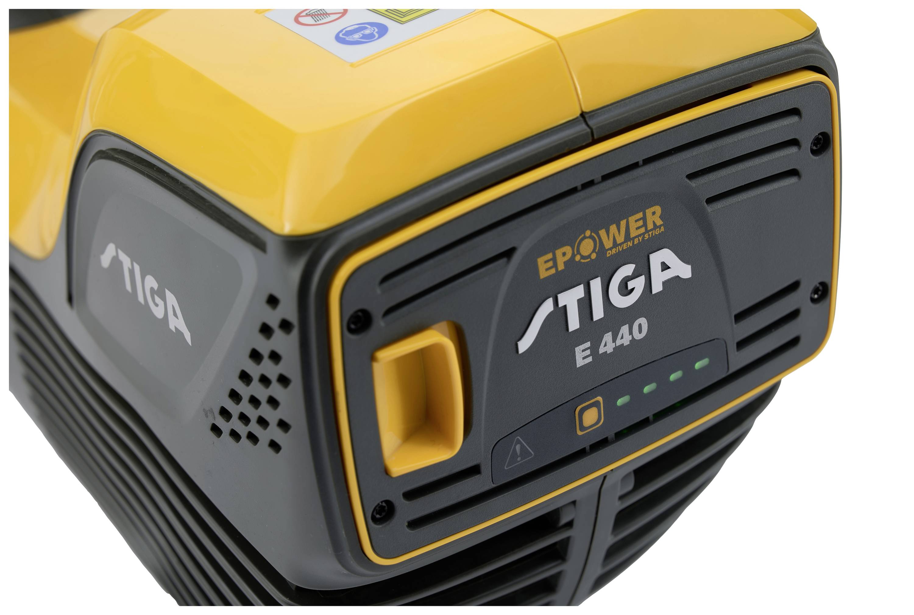 Yellow and black STIGA E 440 battery with embossed logo and charging indicator on the front.