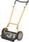 Lawn mower with a yellow handle and two large wheels. Suitable for environmentally friendly lawn mowing without electricity or petrol.