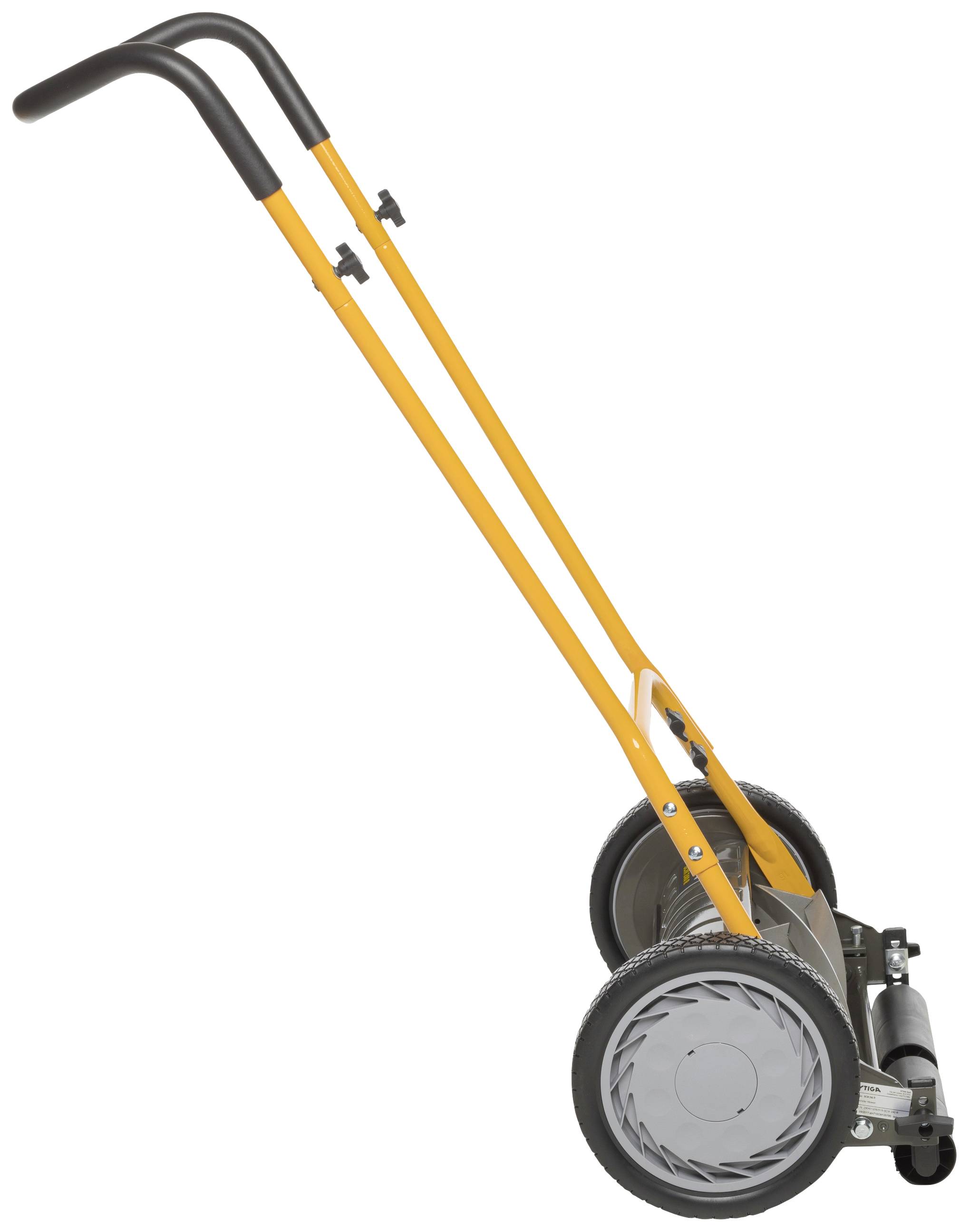 Sack truck with an orange handle and two large grey wheels, suitable for transporting heavy loads.