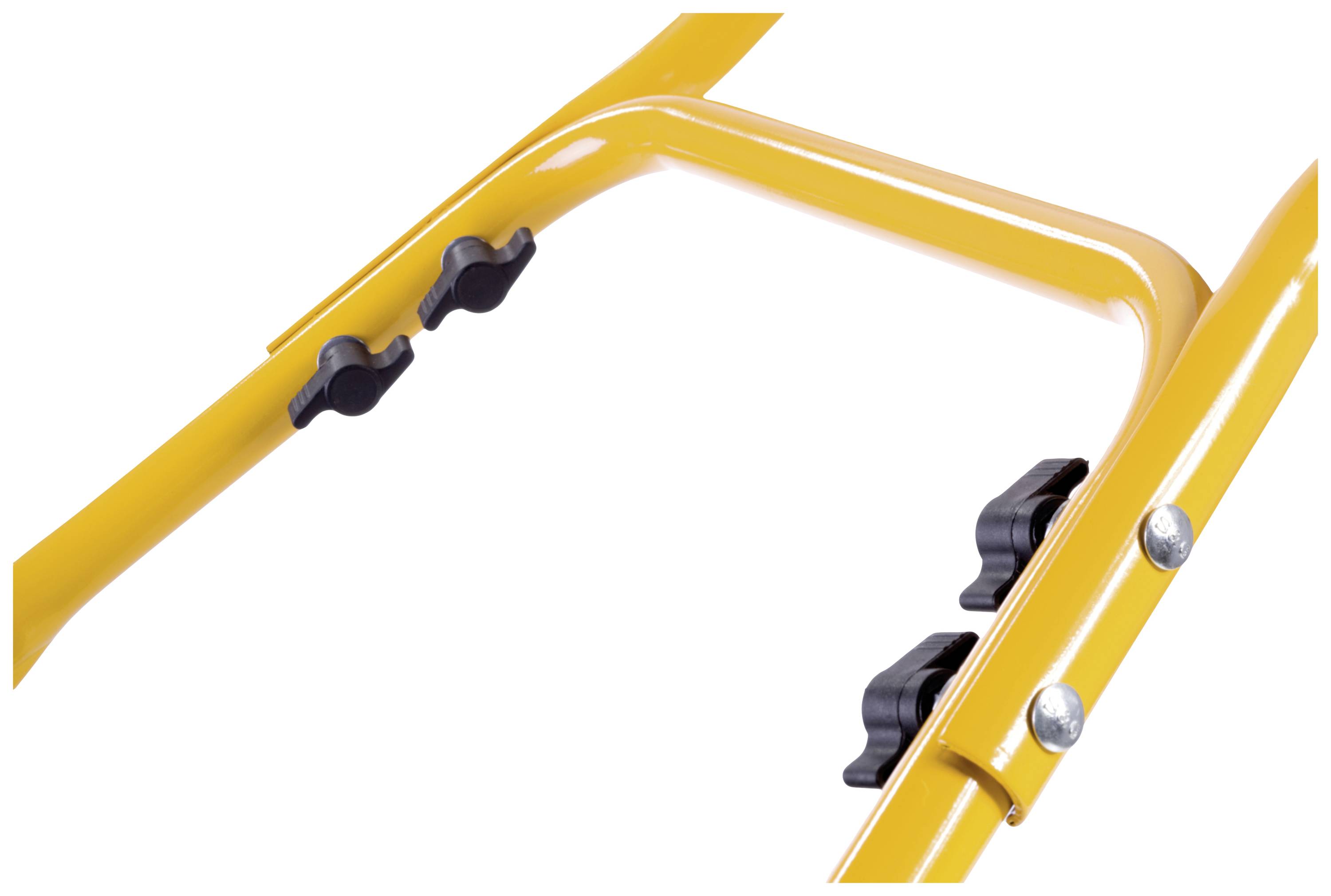 Yellow frame of a tool with black mountings and screws, likely part of a garden or construction equipment.