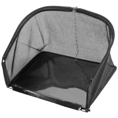 An empty, black grass collection bag for a lawnmower. Made of mesh fabric and plastic, with a metal chain for attachment.