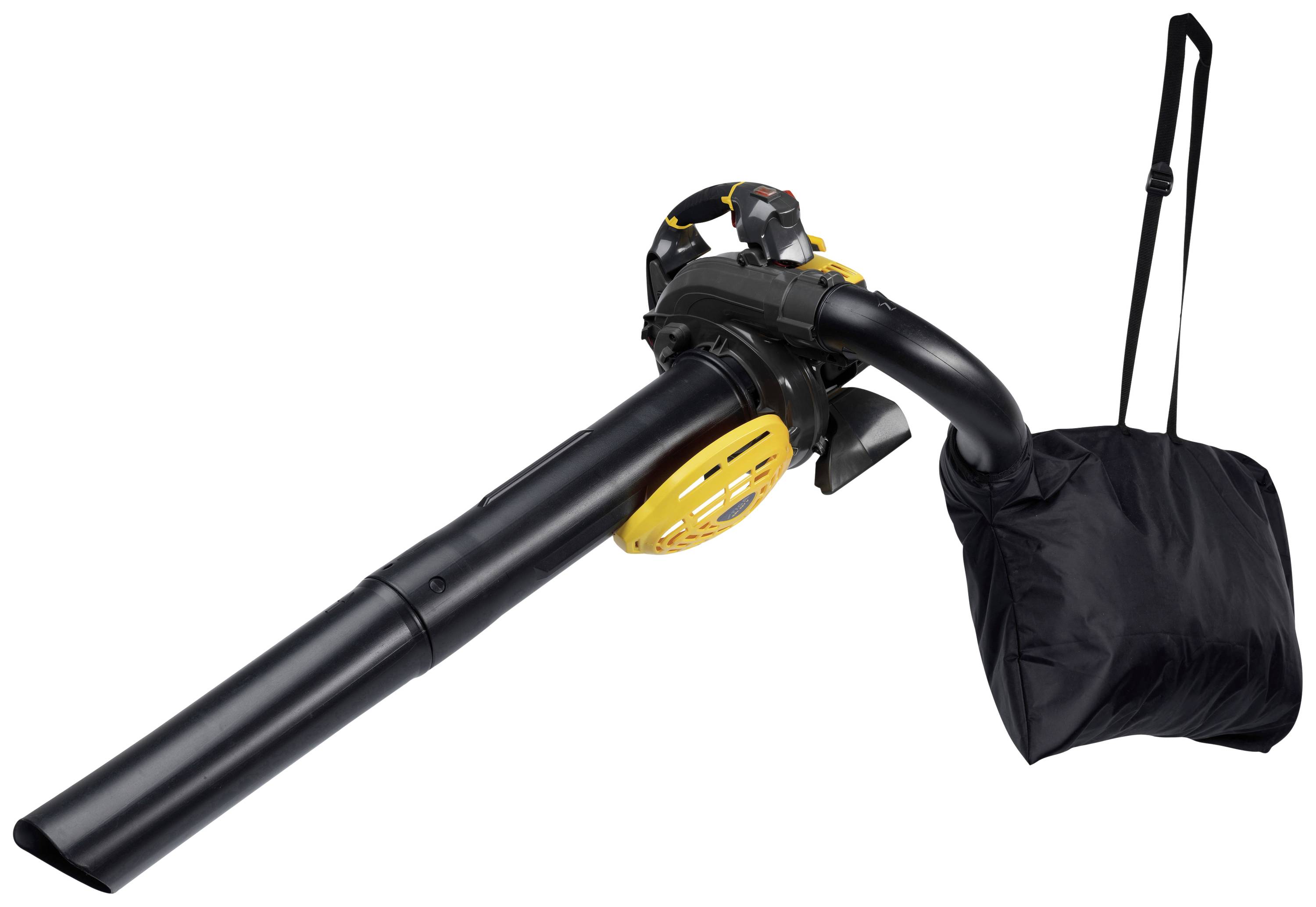 A leaf blower with a black tube and integrated collection bag for gathering leaves.