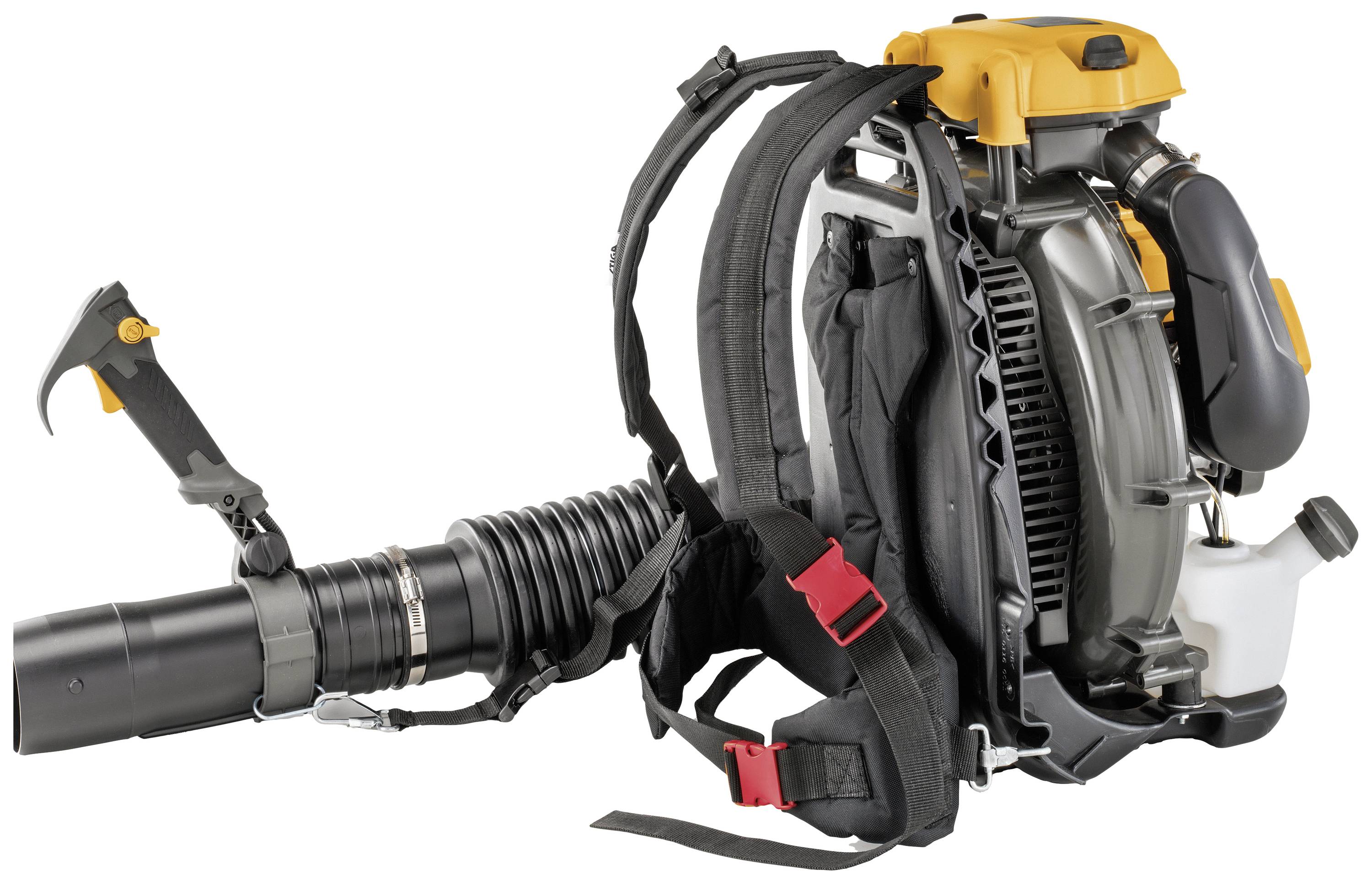 Backpack leaf blower with a black hose and view of the motor and belt. Primarily used for garden maintenance.
