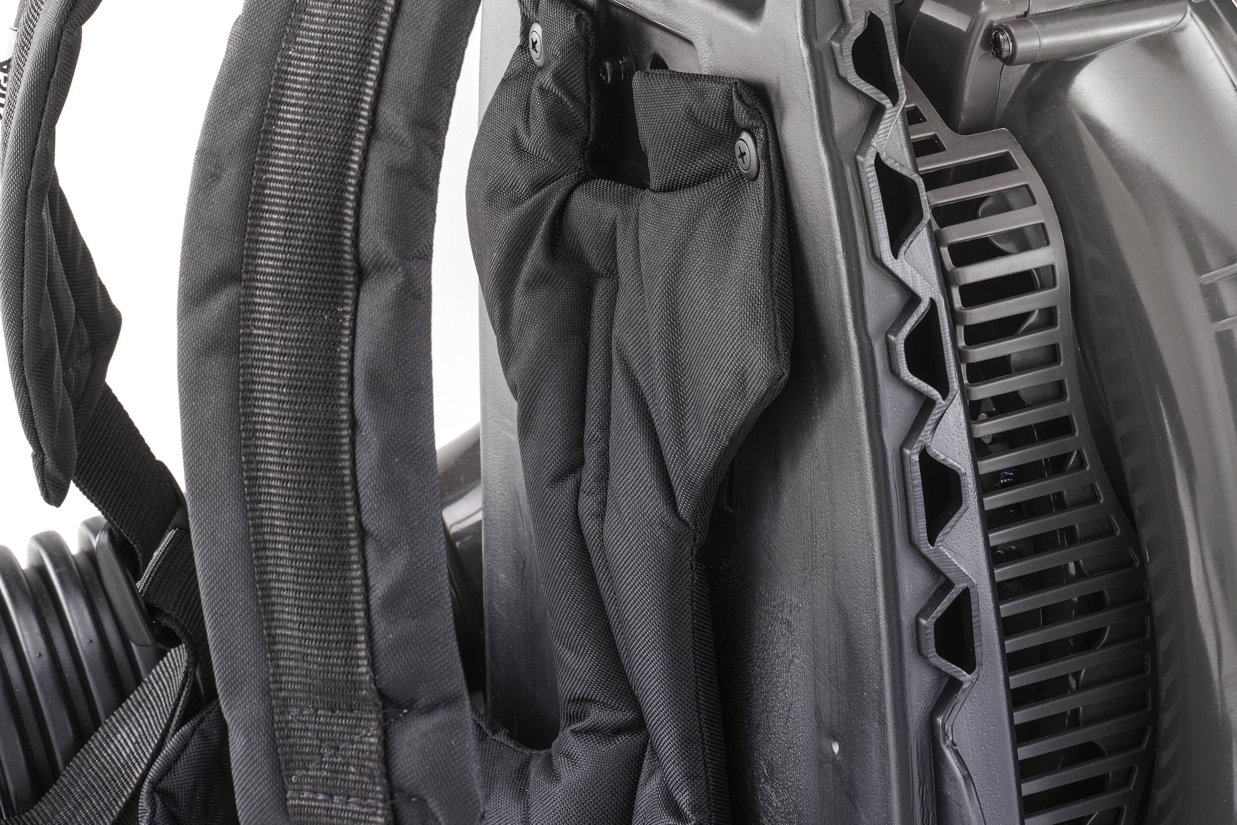 Rear view of a backpack leaf blower with padded shoulder straps and ventilated back panel.