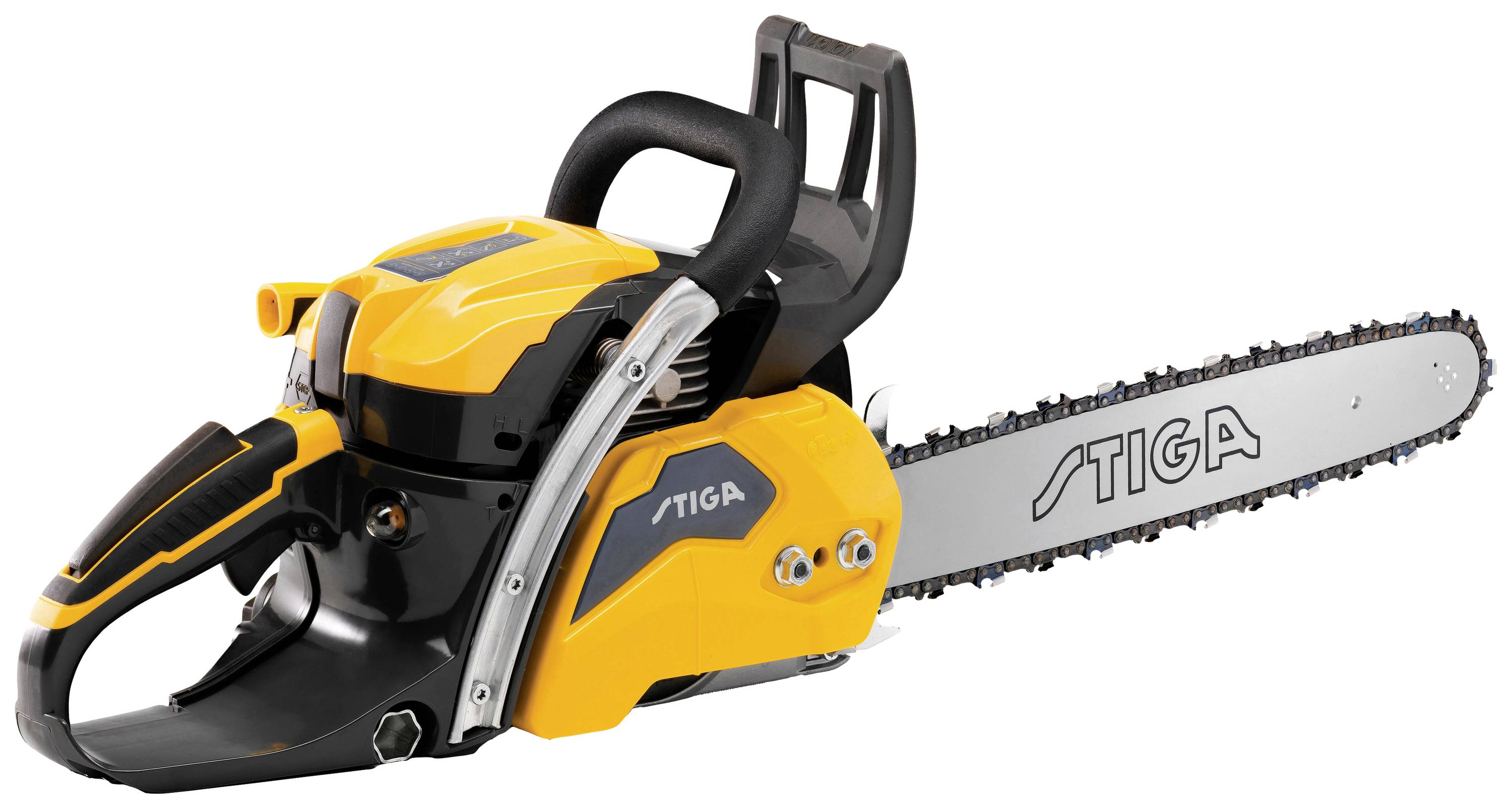 An orange-yellow chainsaw by the brand 'Stiga' with a black handle, side chain guard and clearly visible chain section.