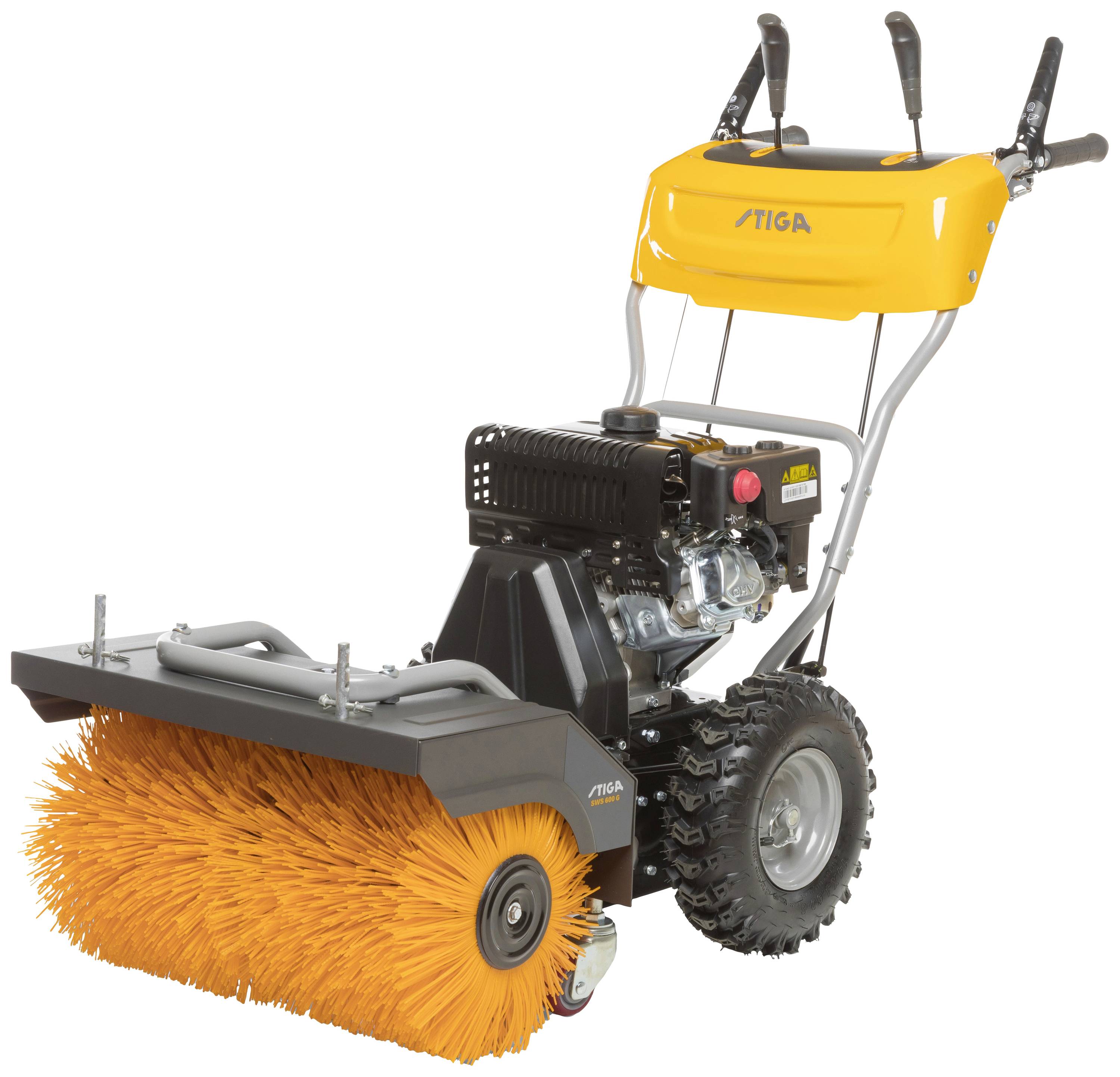 A motorised street sweeper with a large orange brush, black motor, and yellow casing, suitable for outdoor cleaning.