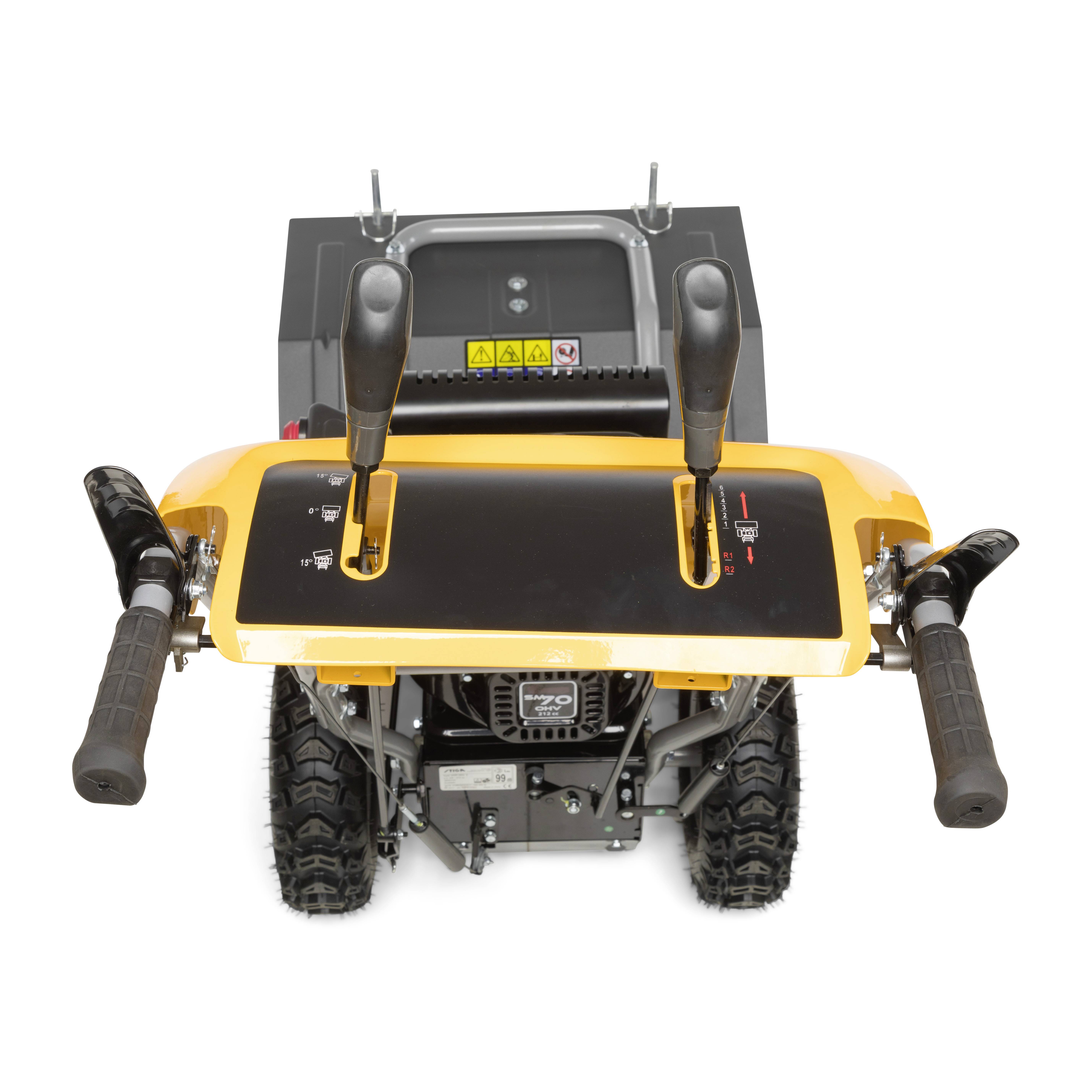 Garden tiller with yellow control panel, two levers for steering, large terrain tyres. Top-down view, suitable for gardening work.