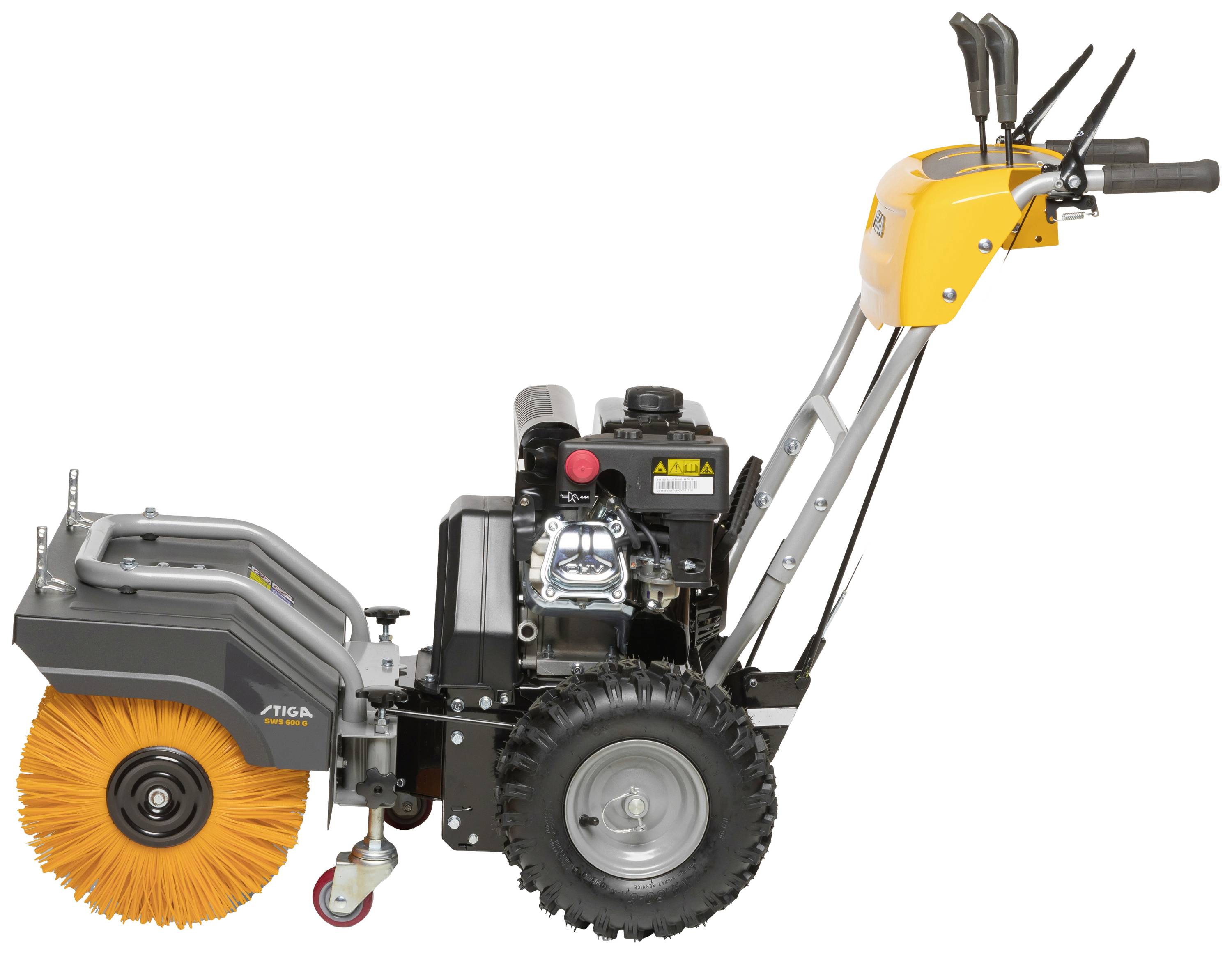 A yellow motorised street sweeper with a black engine and orange brush, side view. Used for outdoor cleaning purposes.
