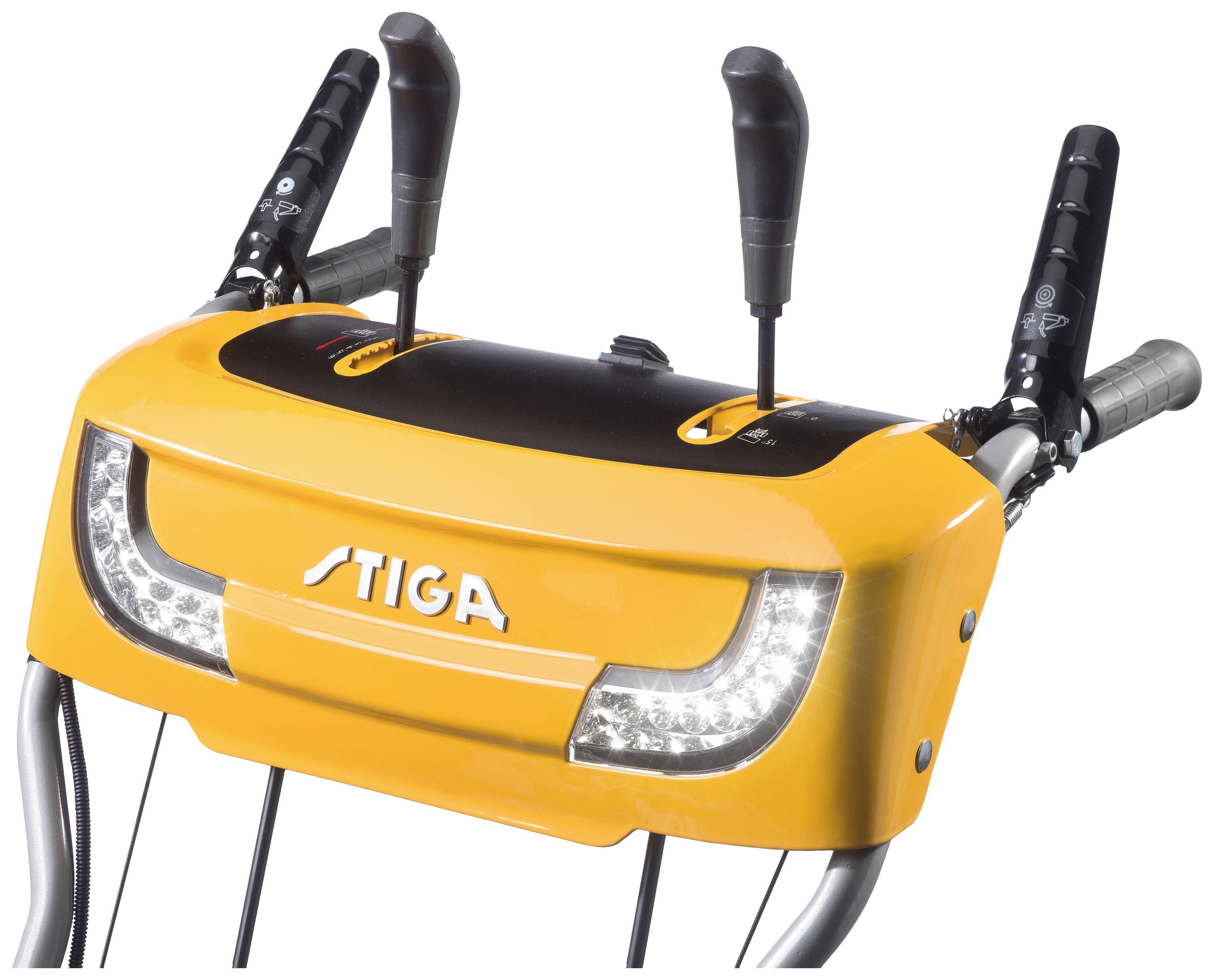 The image shows the control panel of a snow blower with a yellow control panel and two levers.