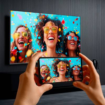 A smartphone held in hands displays a colorful image of three joyful people with confetti, mirrored on a large TV screen in the background.