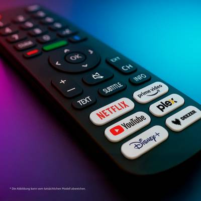 Remote control with buttons for streaming services like Netflix, Prime Video, Plex, Disney+, and Deezer, against a colorful background.