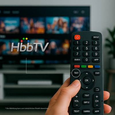 A hand holding a remote control in the foreground, with a TV screen displaying the text 'HbbTV' and a blurred background of a living room.