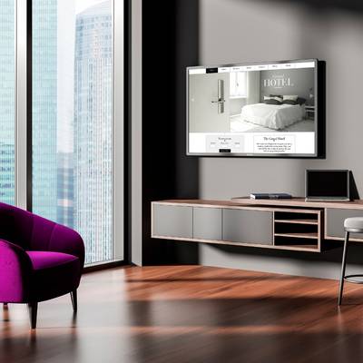 A modern hotel room with a purple chair, large window, and wall-mounted TV displaying a hotel website with a bed image and text.