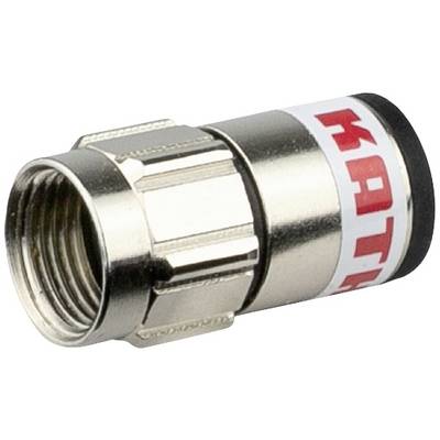 A silver coaxial plug with thread and red labelling.