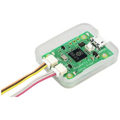 Green electronic debug probe with Raspberry Pi logo, USB port and coloured wires in a transparent case.