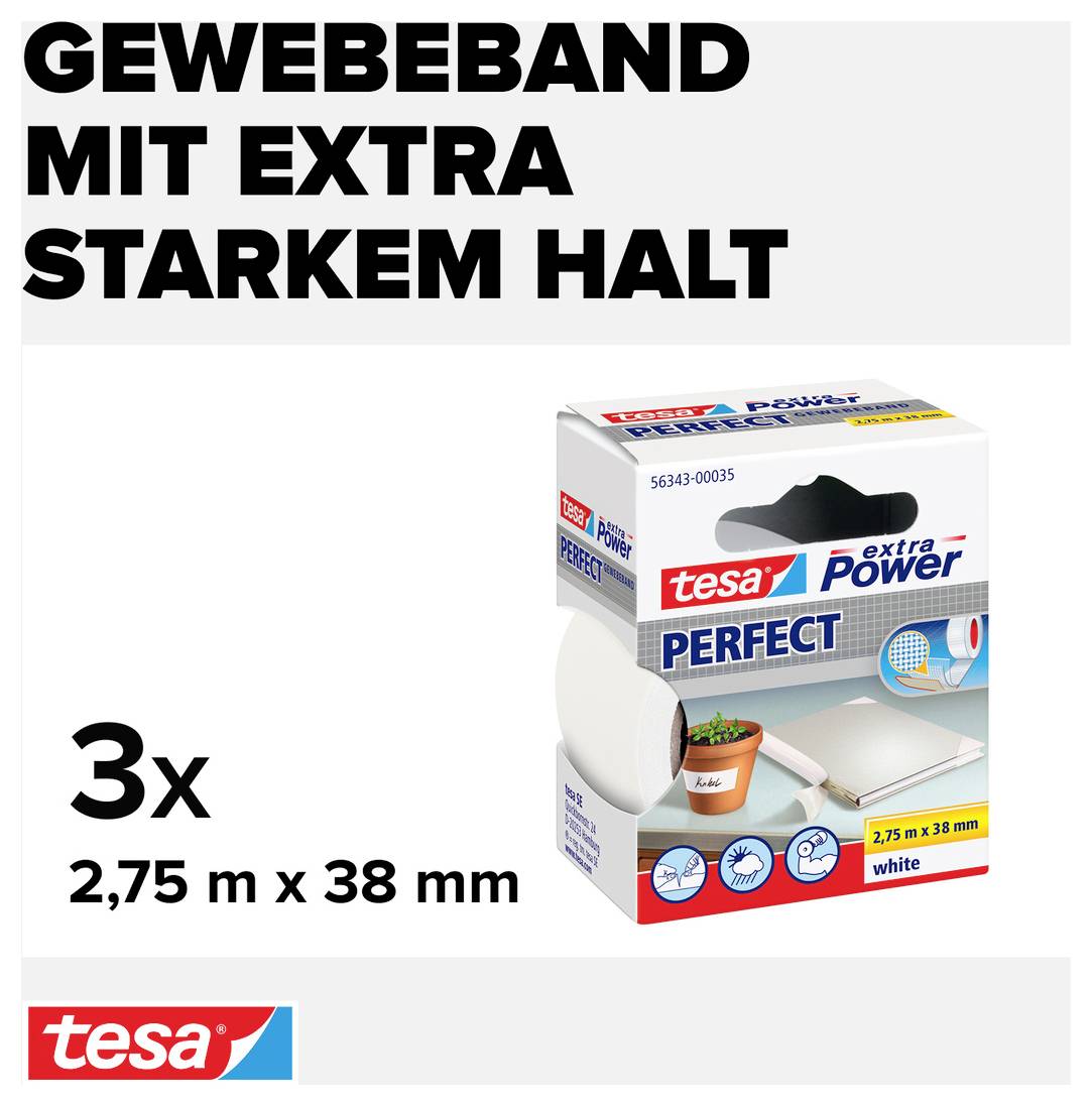 'Fabric tape with extra strong hold.' Illustration of a 'tesa extra Power Perfect' packaging. Contents: 3 rolls, 2.75 m x 38 mm, white.