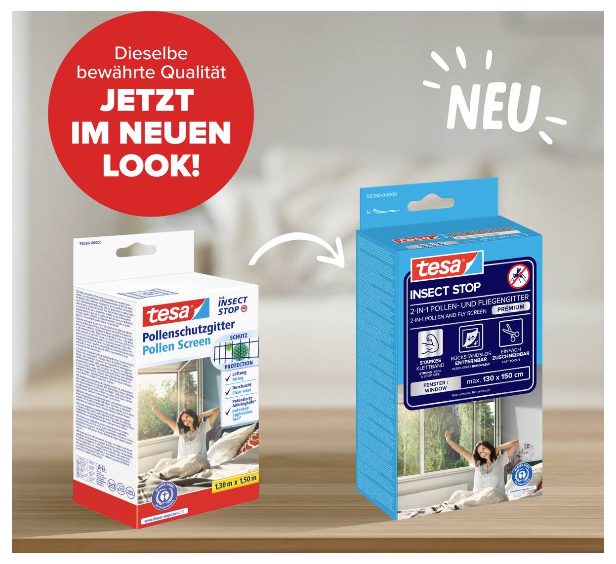 Advertisement showing tesa window insect screens in old and new packaging, with 'NEU' and a red callout saying 'Dieselbe bewährte Qualität JETZT IM NEUEN LOOK!'