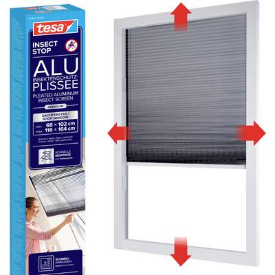 Product image of a tesa pleated aluminum insect screen for roof windows, shown installed in a window frame with arrows indicating it opens and moves up, down, and sideways.