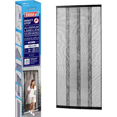 Product packaging and image of a gray Tesa Insect Stop aluminum mesh curtain for doors, shown beside a woman standing in a doorway.