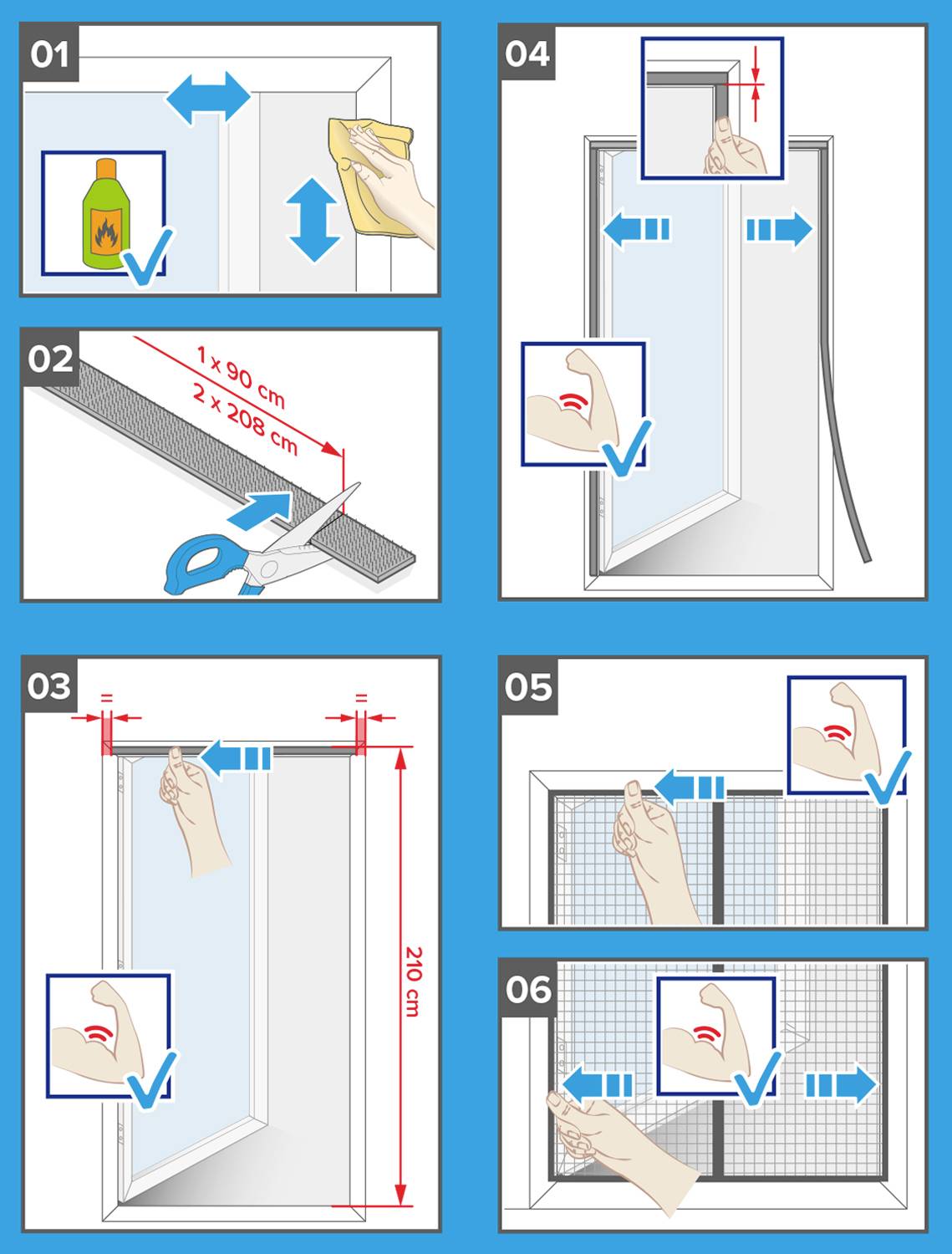 'Instructions for Installing an Insect Screen on a Window: Clean window frame, cut mesh to size, fix at top, tension, secure at sides.'