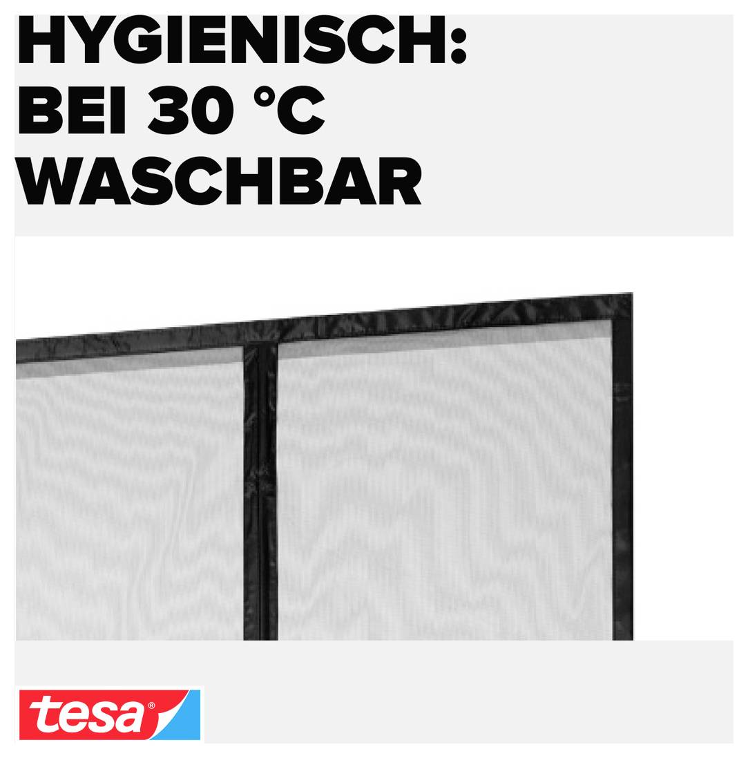 White mesh screen panel with text 'HYGIENISCH: BEI 30 °C WASCHBAR' and tesa logo, indicating it is hygienic and machine washable at 30°C.