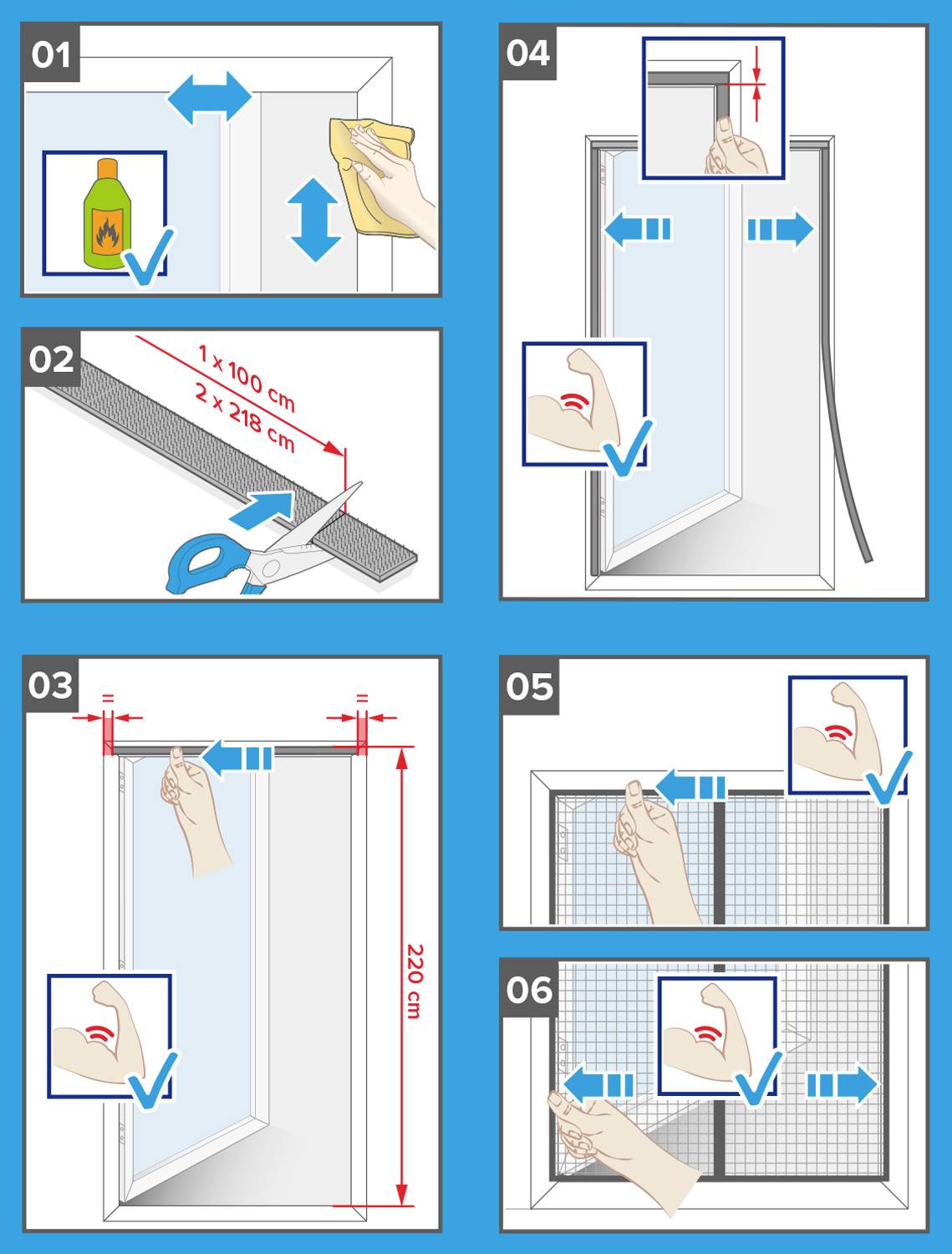 'Instructions for Installing an Insect Screen: 1) Clean frame, 2) Cut mesh, 3) Attach hook and loop tape, 4) Secure mesh, 5) Trim excess, 6) Complete.'
