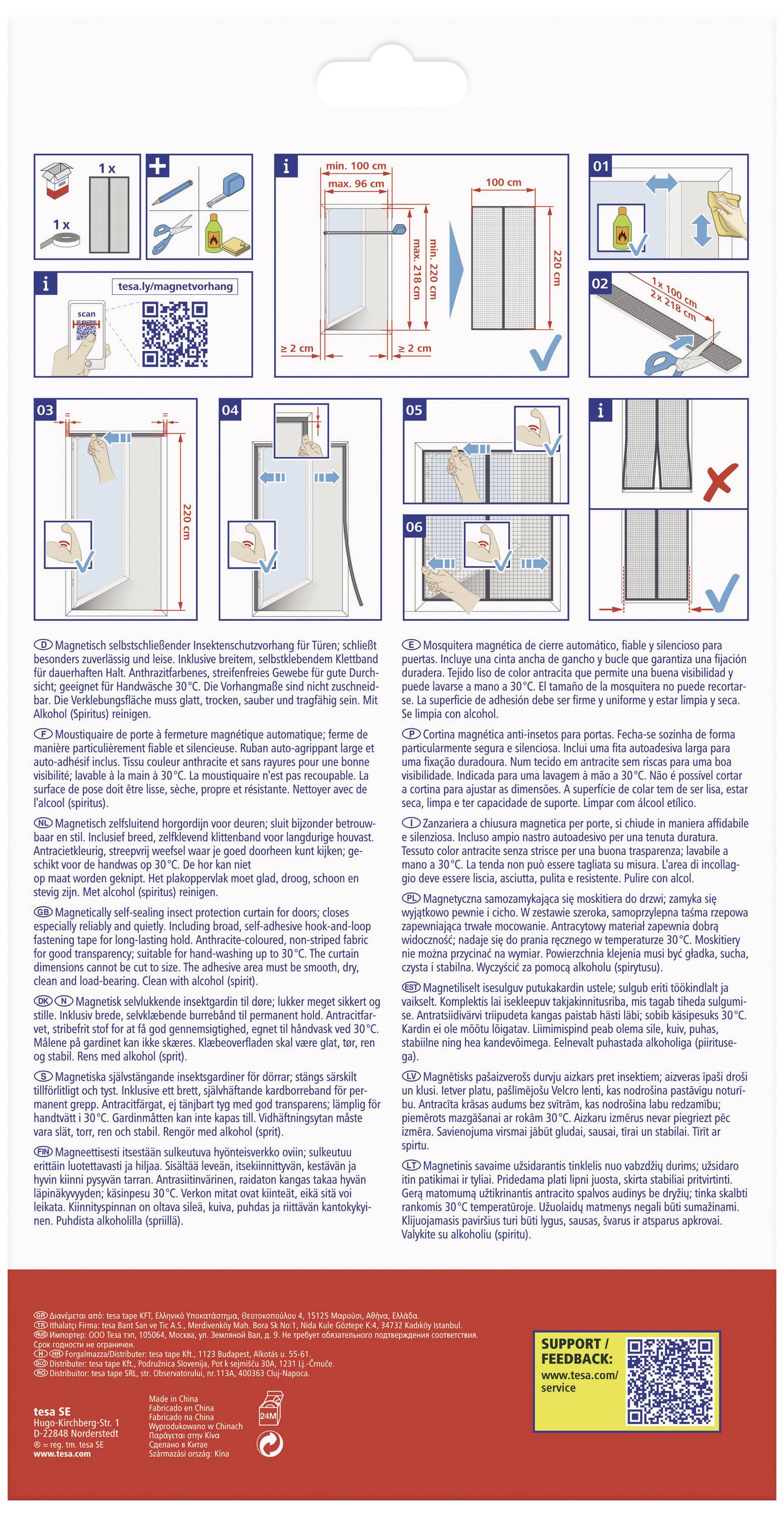 Installation Instructions for a Door Stopper with Illustrations: Check Measurements, Position Stopper, Clean Adhesive Surface, Attach Stopper.