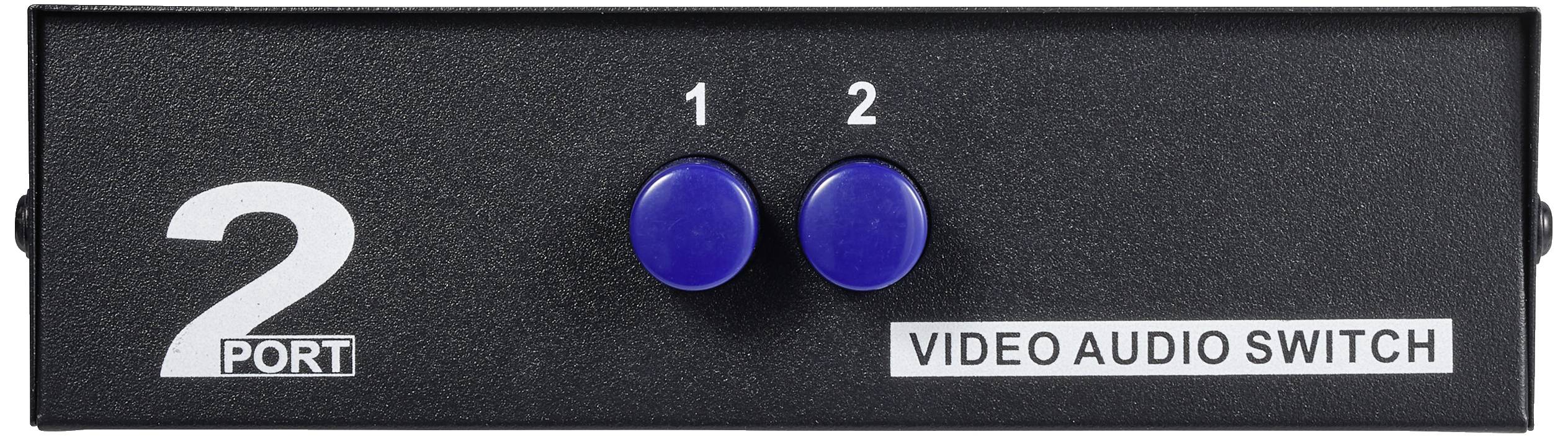 Black '2 Port Video Audio Switch' with two blue buttons, labelled '1' and '2' for selecting between two video sources.