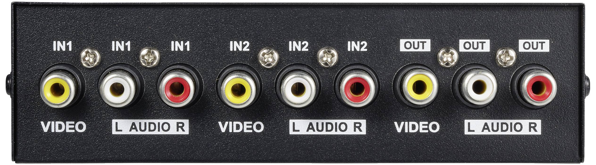 Connection panel with yellow, white, and red sockets for video and audio input and output.