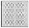 Metal mesh with uniform round holes and gridded lines for ventilation or protection of devices in a rectangular frame.