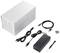 External hard drive with silver casing, power supply, USB cable, screw set, and screwdriver.