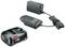 A Bosch 18V battery and charger set. The battery is compact and black with the Bosch logo. The charger is rectangular with a cable.