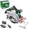 A Bosch universal circular saw with battery, charger and accessories on a white background. Packaging in the background.