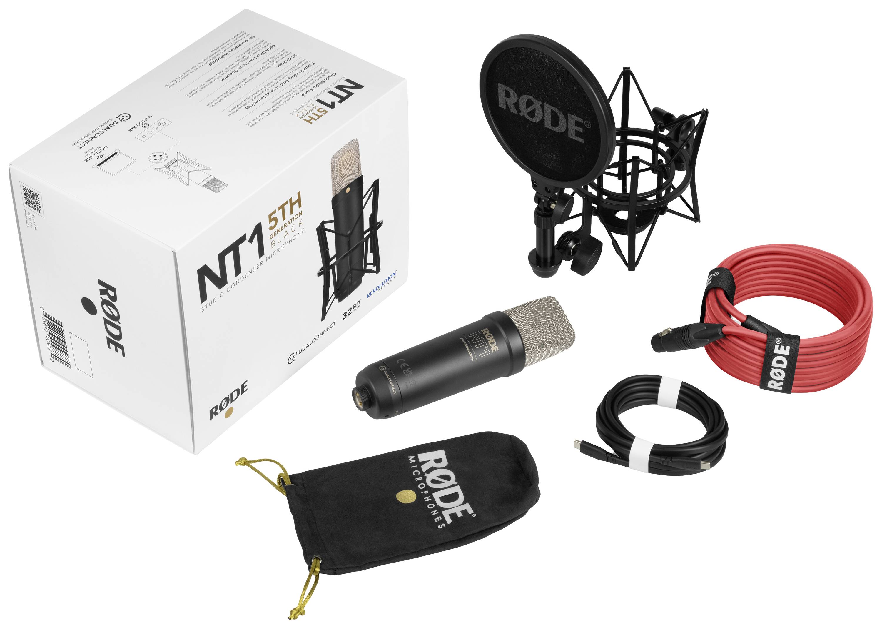 Microphone set comprising a RØDE NT1 5th Generation microphone, pop filter, protective cover, red XLR cable and black USB cable. Packaging displays product image and technical specifications.