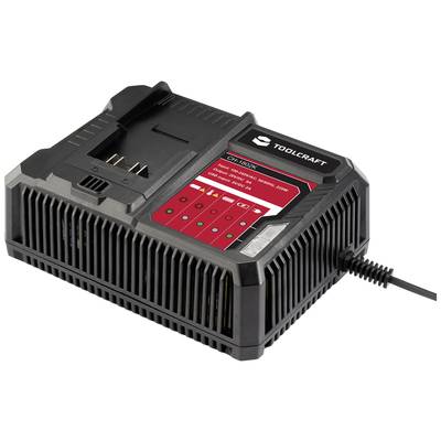 A black Toolcraft charger with a red control panel and multiple LEDs; used for charging batteries, connected to a mains plug.