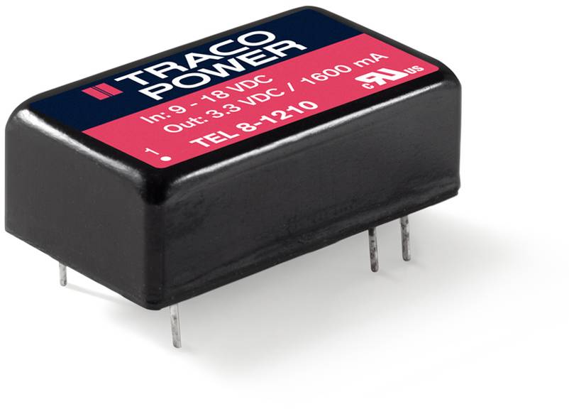 'Electrical component labelled: Traco Power. Input: 18 VDC, Output: 3.3 VDC/1600 mA. Model: TEL 8-1210. Four pins.'