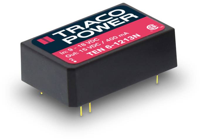 Compact black voltage converter from TRACO Power with red and black label, displaying input and output voltage values.
