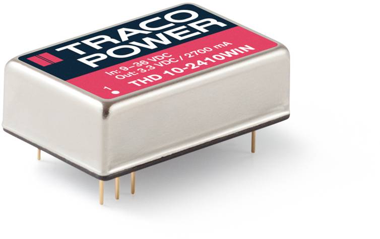 A rectangular electronic component with the inscription 'Traco Power' and technical specifications for input and output voltage.