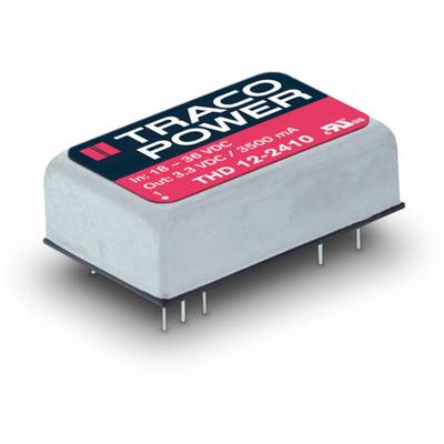 An electronic component with the inscription 'TRACO POWER', technical specifications: Input 18-36 VDC, Output 12 VDC/3500 mA, Model THD 12-2410.