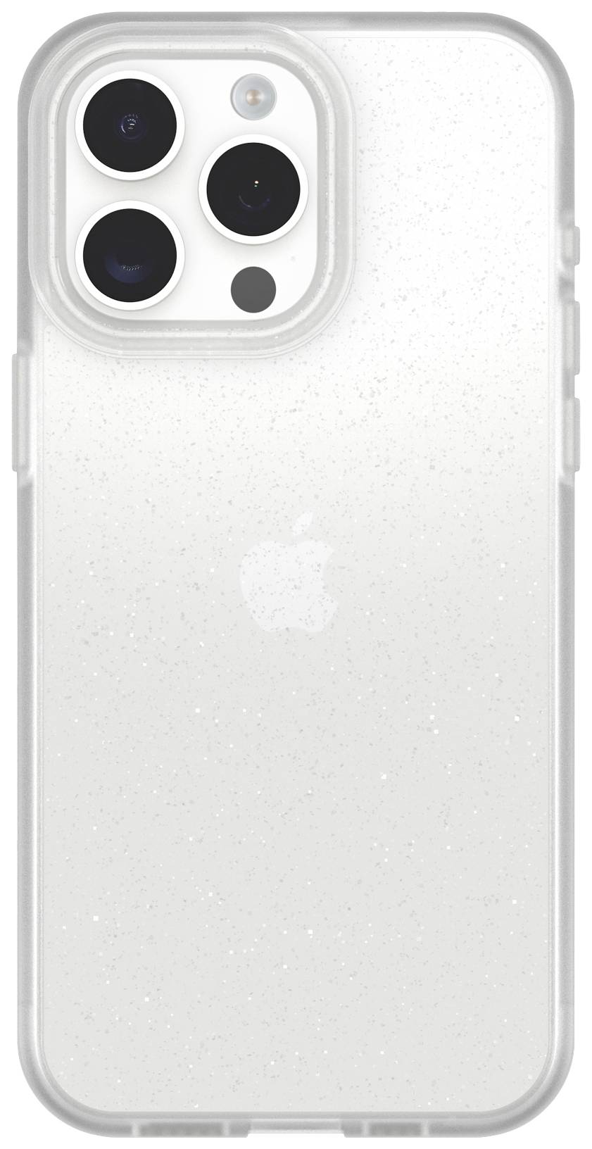 A transparent mobile phone case with a subtle glittery effect reveals the back of a smartphone, featuring its camera module and the displayed brand logo.