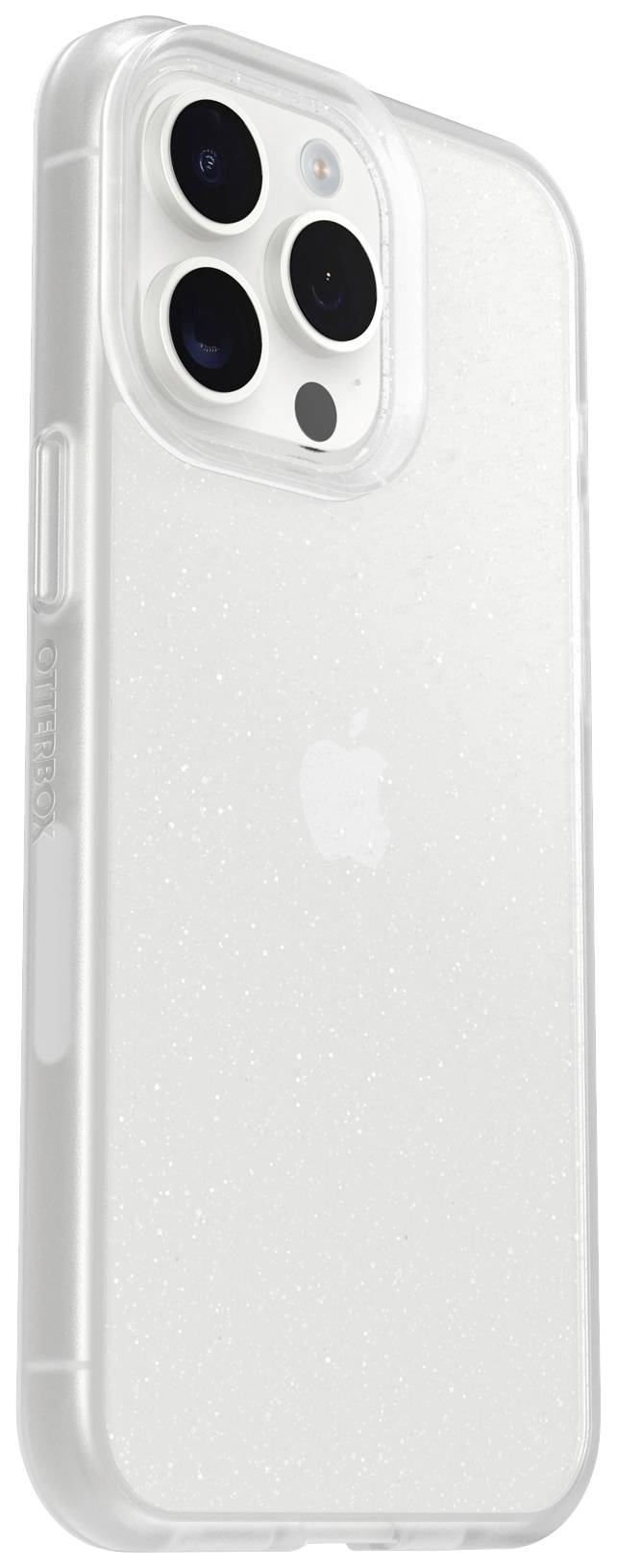 Transparent phone case with glitter effect, compatible with smartphones featuring three camera lenses.
