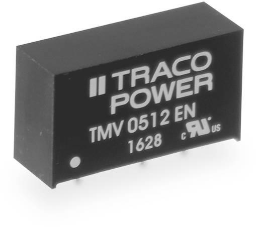 Black Traco Power Module 'TMV 0512 EN' with plug contacts, used in electronic circuits for voltage regulation.