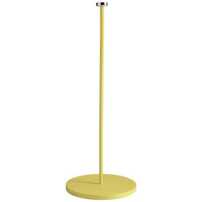 Yellow stand with a round base and cylindrical rod. Silver tip at the top. Suitable for microphones or displays.