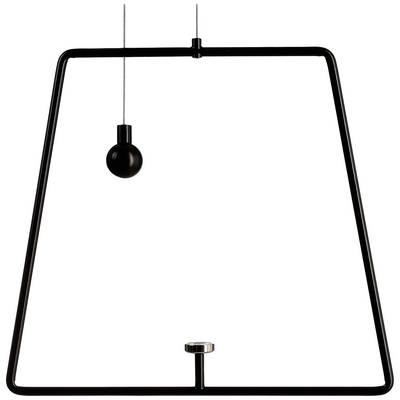 A geometric metal frame with a suspended black sphere at the top and a metallic cylinder positioned centrally at the bottom.
