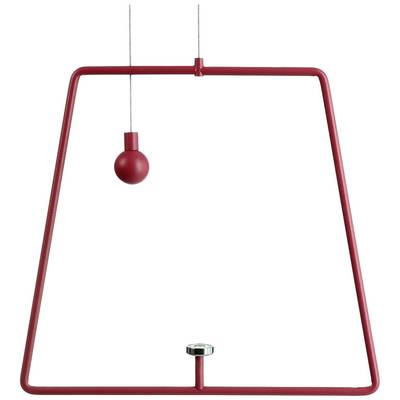 Red, trapezoidal table lamp with a spherical switch hanging from the upper edge, minimally designed.